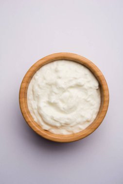 Düz lor veya yoğurt veya Dahi Hintçe, moody arka plan üzerinde bir kasede servis. Seçici odak