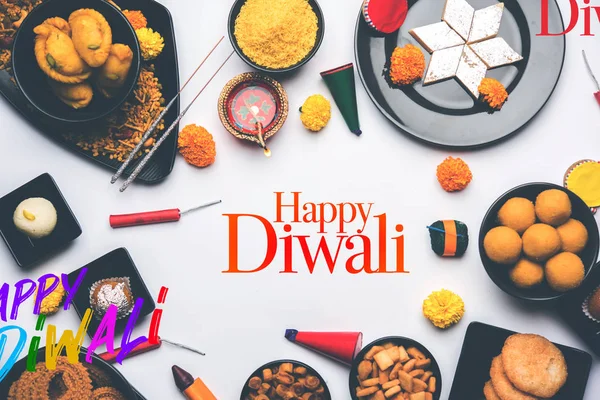 Boldog Diwali Üdvözlőlap Készült Édesség Vagy Tűz Kekszet Vagy Tarsa — Stock Fotó