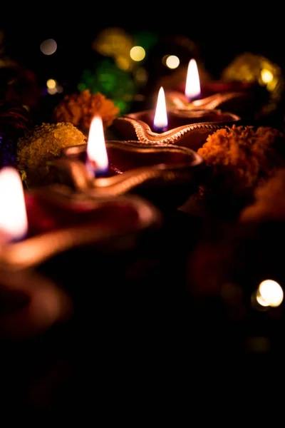 Diwali Diya Lighting Night Gifts Flowers Moody Background Selective Focus — Stock Photo, Image