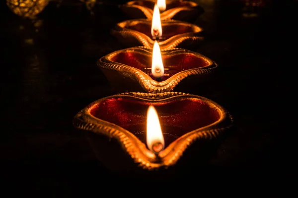 Diwali Diya Lighting Night Gifts Flowers Moody Background Selective Focus — Stock Photo, Image