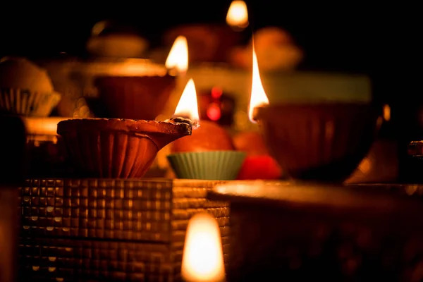 Diwali Diya Lighting Night Gifts Flowers Moody Background Selective Focus — Stock Photo, Image