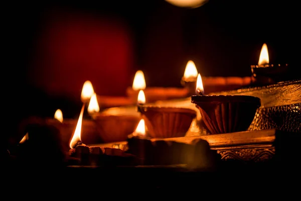 Diwali Diya Eller Belysning Natt Med Presenter Blommor Över Lynnig — Stockfoto