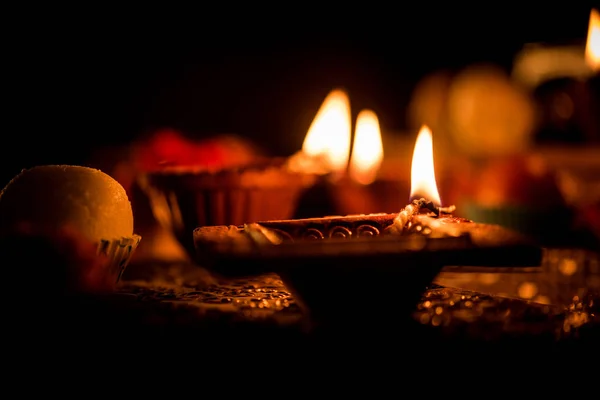 Diwali Diya Lighting Night Gifts Flowers Moody Background Selective Focus — Stock Photo, Image