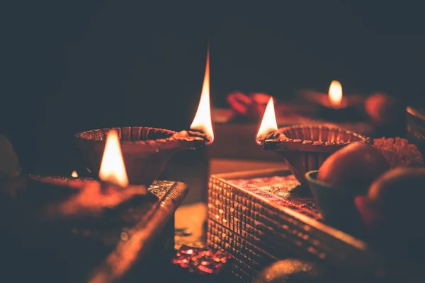 Diwali Diya Lighting Night Gifts Flowers Moody Background Selective Focus — Stock Photo, Image