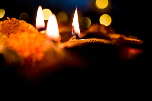 Diwali Diya Lighting Night Gifts Flowers Moody Background Selective Focus — Stock Photo, Image