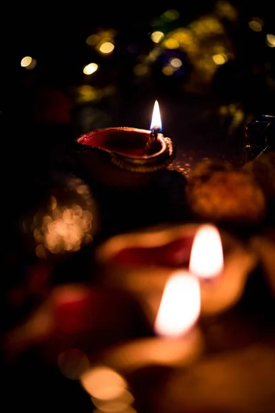 Diwali Diya Lighting Night Gifts Flowers Moody Background Selective Focus — Stock Photo, Image