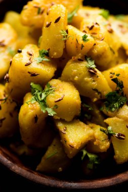 JEERA Aloo de sıcak Kalyani'nin, chapatti, roti veya dal ile gider bir Hint ana yemek yemektir. bir kapta moody arka plan üzerinde servis. seçici odak