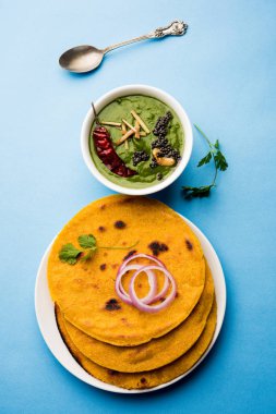 Makki di roti sarson ka saag, Mısır ekmek hardal yaprakları köri kullanılarak yapılan kışlar popüler punjabi ana yemek tarifi ile. Moody arka plan üzerinde servis. seçici odak