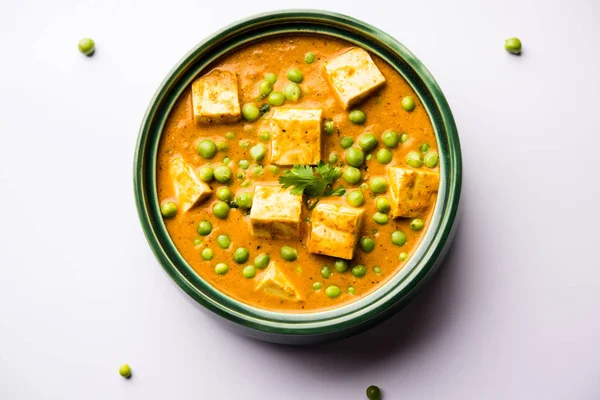 Ervilhas Verdes Receita Curry Matador Paneer Servido Uma Tigela Foco — Fotografia de Stock