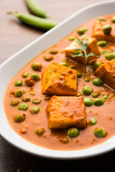 Ervilhas Verdes Receita Curry Matador Paneer Servido Uma Tigela Foco — Fotografia de Stock