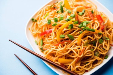 Schezwan erişte veya sebze Hakka erişte veya chow mein tahta çubukla bir kase veya plaka servis popüler Hint-Çin yemek tarifleri, var. seçici odak