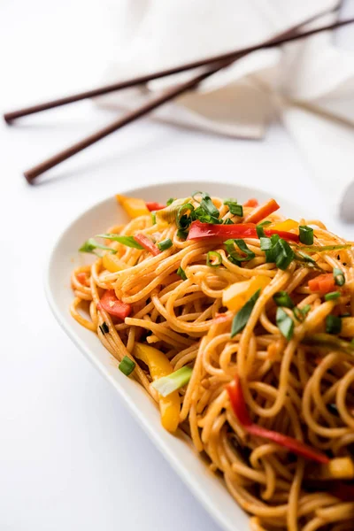 Schezwan Noodles Vegetais Hakka Noodles Chow Mein Popular Receitas Indo — Fotografia de Stock