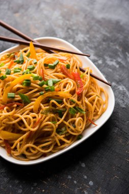Schezwan erişte veya sebze Hakka erişte veya chow mein tahta çubukla bir kase veya plaka servis popüler Hint-Çin yemek tarifleri, var. seçici odak