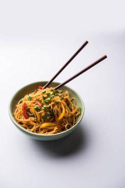 Schezwan erişte veya sebze Hakka erişte veya chow mein tahta çubukla bir kase veya plaka servis popüler Hint-Çin yemek tarifleri, var. seçici odak