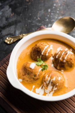 Malai köfte köri özel tarifi bir kasede servis bir Mughlai var. Seçici odak