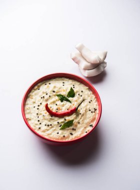 Nariyal veya Hindistan cevizi Chutney bir kasede servis. Moody arka plan üzerinde izole. seçici odak