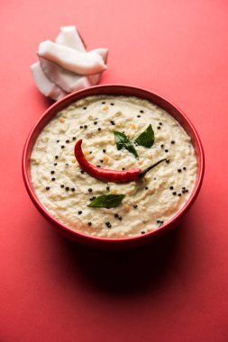 Nariyal veya Hindistan cevizi Chutney bir kasede servis. Moody arka plan üzerinde izole. seçici odak