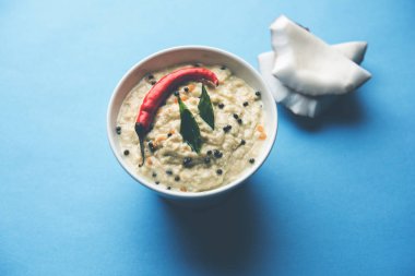 Nariyal veya Hindistan cevizi Chutney bir kasede servis. Moody arka plan üzerinde izole. seçici odak