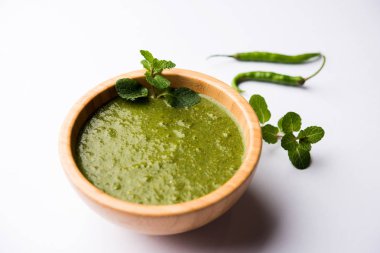 Sağlıklı yeşil nane Hint turşusu yapılan kişniş, pudina ve baharatlar ile. izole moody arka plan. seçici odak