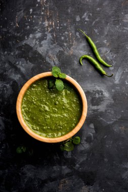 Sağlıklı yeşil nane Hint turşusu yapılan kişniş, pudina ve baharatlar ile. izole moody arka plan. seçici odak