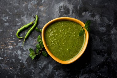 Sağlıklı yeşil nane Hint turşusu yapılan kişniş, pudina ve baharatlar ile. izole moody arka plan. seçici odak