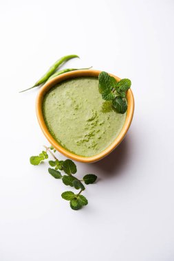 Sağlıklı yeşil nane Hint turşusu yapılan kişniş, pudina ve baharatlar ile. izole moody arka plan. seçici odak