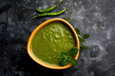 Sağlıklı yeşil nane Hint turşusu yapılan kişniş, pudina ve baharatlar ile. izole moody arka plan. seçici odak