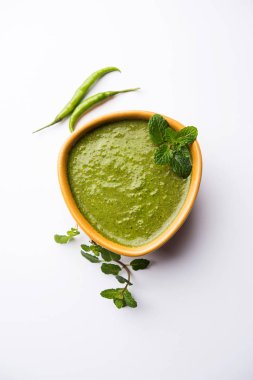 Sağlıklı yeşil nane Hint turşusu yapılan kişniş, pudina ve baharatlar ile. izole moody arka plan. seçici odak