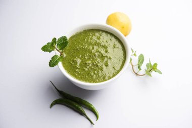 Sağlıklı yeşil nane Hint turşusu yapılan kişniş, pudina ve baharatlar ile. izole moody arka plan. seçici odak