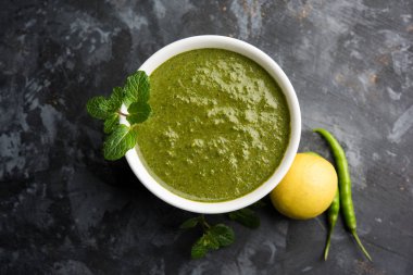 Sağlıklı yeşil nane Hint turşusu yapılan kişniş, pudina ve baharatlar ile. izole moody arka plan. seçici odak