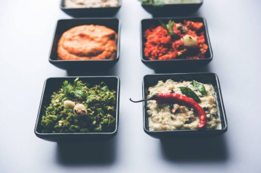 Hint Chutneys grup Hindistan cevizi, fıstık, yeşil ve kırmızı soğuk, sarımsak ve küçük kare şekli kase hizmet pudina içerir. seçici odak