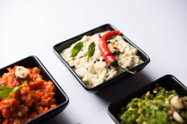 Hint Chutneys grup Hindistan cevizi, fıstık, yeşil ve kırmızı soğuk, sarımsak ve küçük kare şekli kase hizmet pudina içerir. seçici odak