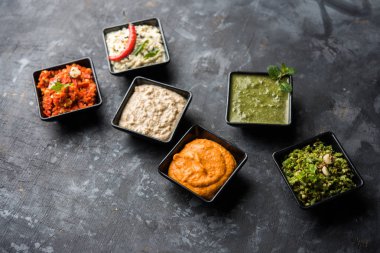 Hint Chutneys grup Hindistan cevizi, fıstık, yeşil ve kırmızı soğuk, sarımsak ve küçük kare şekli kase hizmet pudina içerir. seçici odak