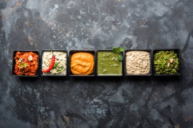 Hint Chutneys grup Hindistan cevizi, fıstık, yeşil ve kırmızı soğuk, sarımsak ve küçük kare şekli kase hizmet pudina içerir. seçici odak