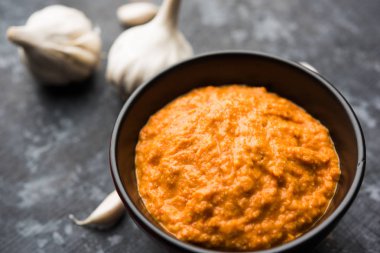 Sarımsak Hint turşusu, Hindistan, lahsun/lehsun kaynaklanan kullanılarak yapılan bir kapta moody arka plan üzerinde görev yaptı. seçici odak