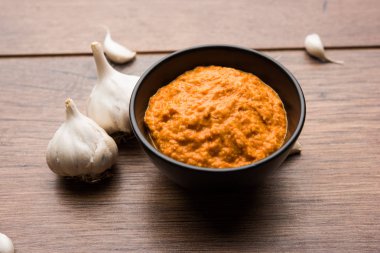 Sarımsak Hint turşusu, Hindistan, lahsun/lehsun kaynaklanan kullanılarak yapılan bir kapta moody arka plan üzerinde görev yaptı. seçici odak