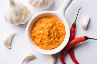 Sarımsak Hint turşusu, Hindistan, lahsun/lehsun kaynaklanan kullanılarak yapılan bir kapta moody arka plan üzerinde görev yaptı. seçici odak