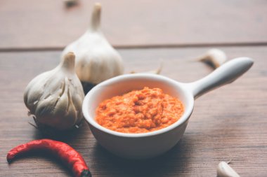 Sarımsak Hint turşusu, Hindistan, lahsun/lehsun kaynaklanan kullanılarak yapılan bir kapta moody arka plan üzerinde görev yaptı. seçici odak