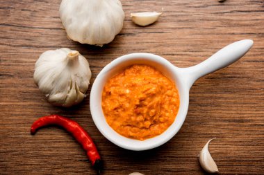 Sarımsak Hint turşusu, Hindistan, lahsun/lehsun kaynaklanan kullanılarak yapılan bir kapta moody arka plan üzerinde görev yaptı. seçici odak