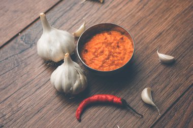 Sarımsak Hint turşusu, Hindistan, lahsun/lehsun kaynaklanan kullanılarak yapılan bir kapta moody arka plan üzerinde görev yaptı. seçici odak