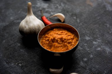 Sarımsak Hint turşusu, Hindistan, lahsun/lehsun kaynaklanan kullanılarak yapılan bir kapta moody arka plan üzerinde görev yaptı. seçici odak