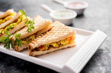 Paneer bhurji sandviç, taze domates ketçap ve yeşil nane Hint turşusu ile yazlık cheese.served ile yapılan bir lezzetli paneer dayalı yemektir. seçici odak
