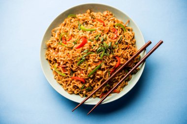 Baharatlı ve lezzetli heyecan düz Hakka noodles sosu ve sebzeler ile kızarmış Schezwan sebze erişte var. çubuklarla servis. seçici odak