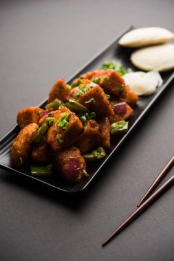 Schezwan Idli veya Mançurya tembel tembel, lezzetli Hint-Çin yemek tarifi. seçici odak