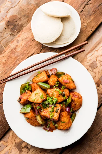 Schezwan Idli Manchúria Idly Receita Indo Chinesa Saborosa Foco Seletivo — Fotografia de Stock