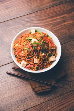 Schezwan hakka erişte paneer veya süzme peynir ile. Bir kasede servis. seçici odak