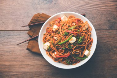 Schezwan hakka erişte paneer veya süzme peynir ile. Bir kasede servis. seçici odak