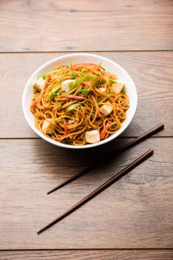 Schezwan hakka erişte paneer veya süzme peynir ile. Bir kasede servis. seçici odak