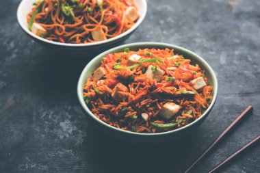 Schezwan hakka erişte paneer veya süzme peynir ile. Bir kasede servis. seçici odak