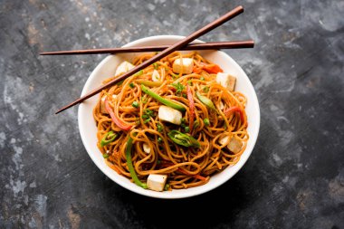 Schezwan hakka erişte paneer veya süzme peynir ile. Bir kasede servis. seçici odak